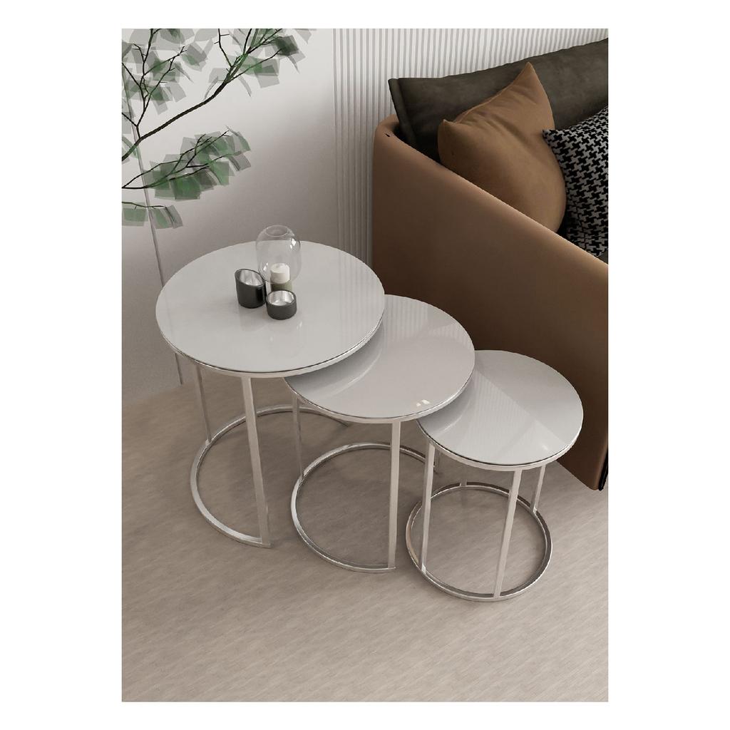 Ceylin 3-seat Nesting Coffee Table Silver Color Metal Leg, White Shatterproof Glass