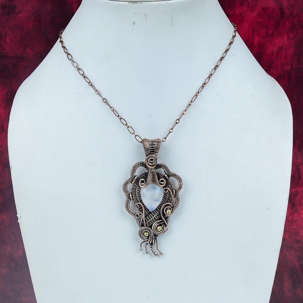 Rainbow Moonstone Pendant Copper Wire Wrapped Pendant Natural Gemstone Jewelry