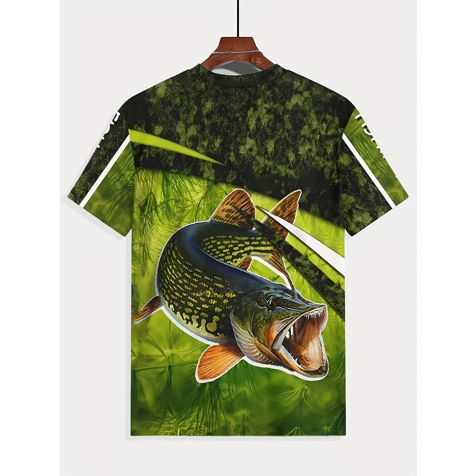 Mens Vibrant Fish Print Casual T-Shirt - Breathable Slight Stretch Polyester Crew Neck Tee for Outdoor Perfect for Summer