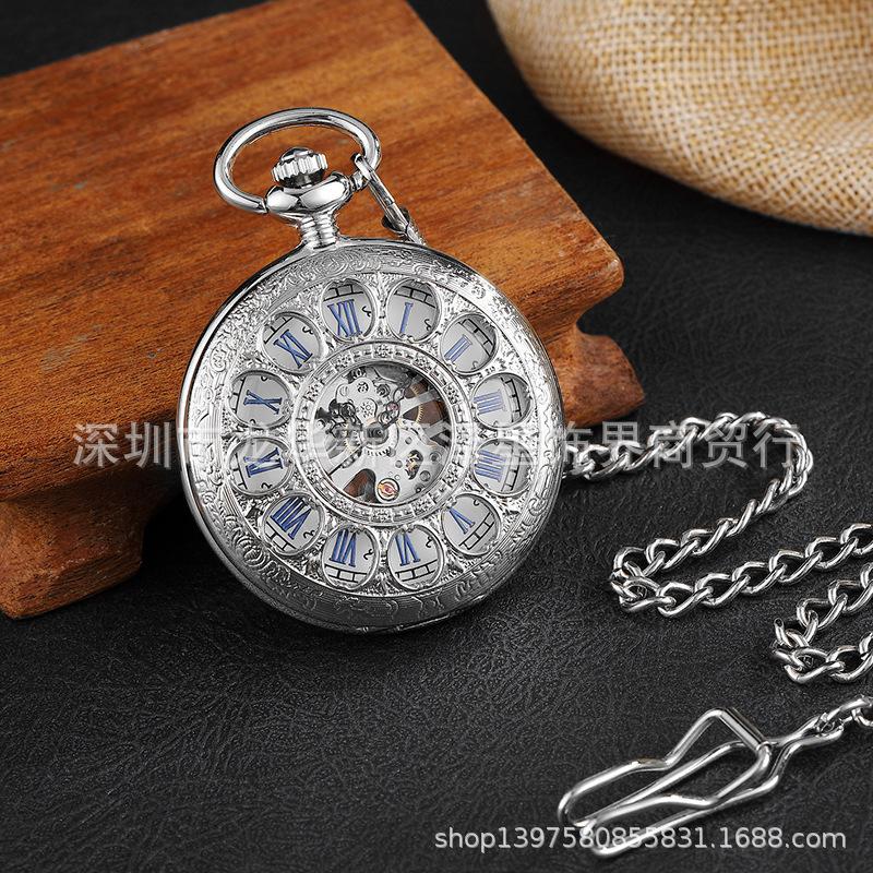 Classic Duplex Mechanical Watch, Parents And Elders Characteristic Roman Hollow Tuo Watch, Gift Antique Pocket Watch
