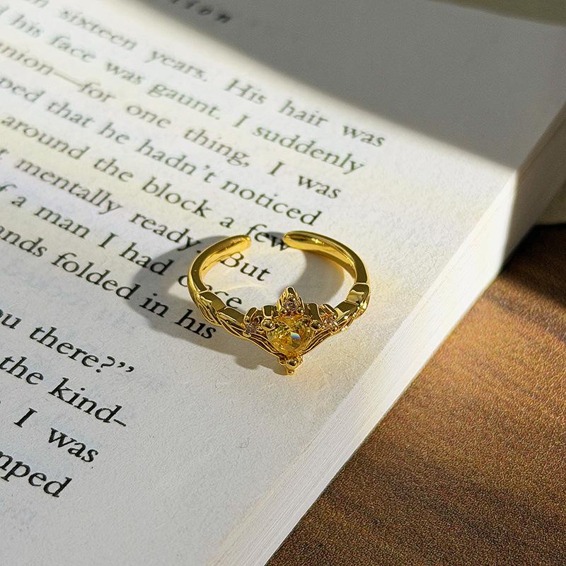 Light Luxury Yellow Colored Treasure Zir*****Pen Ring Elegant Exquisite Bow Crown Stacked Ring