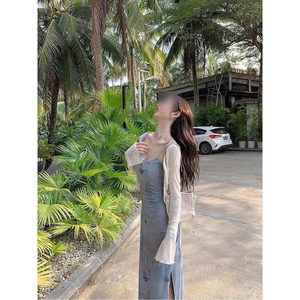 Summer Vacation Slim Fit Butterfly Mesh Oil Painting Print Suspender Dress Temperament Slit Hip Length Skirt Woman