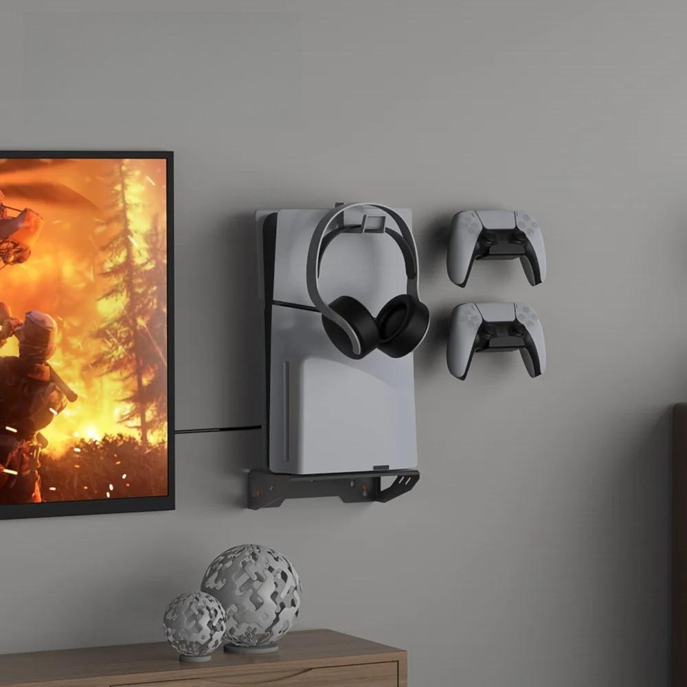 Wall Mount for PS5 Slim/PS5 (Disc and Digital), Steel Wall Bracket with 1 Headset Holder and 2 Controller Hooks