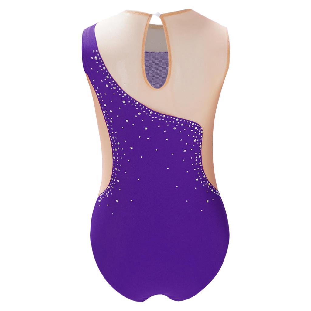 Girls Figure Skating Bodysuit Shiny Rhinestone Design Sheer Mesh Patchwork Leotard Dance Performance Costume