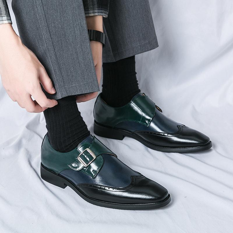 Korean version of pointed head color matching leather shoes men's British business dress casual three joint heightening loafers large size men's shoes