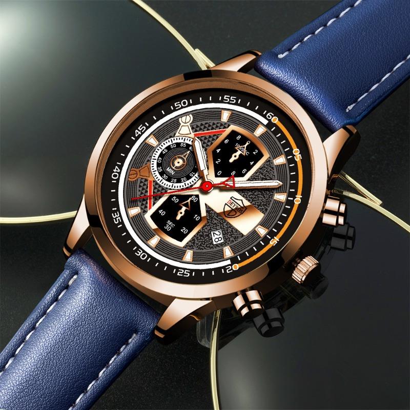 2PCS Set DEYROS Luxury Men's Watch Luxury Men's Leather Strap Calendar Watch Casual Men's Quartz Watch&Bracelet Father's Day Gift