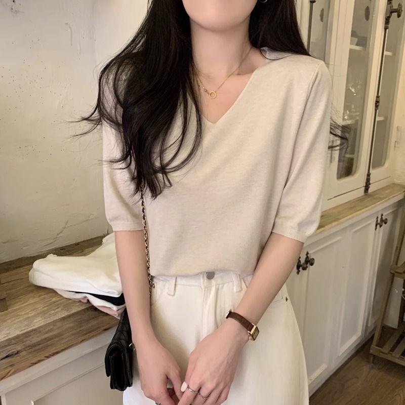 2025 Summer V-Neck Knit Short Sleeve Women's Slimming Top