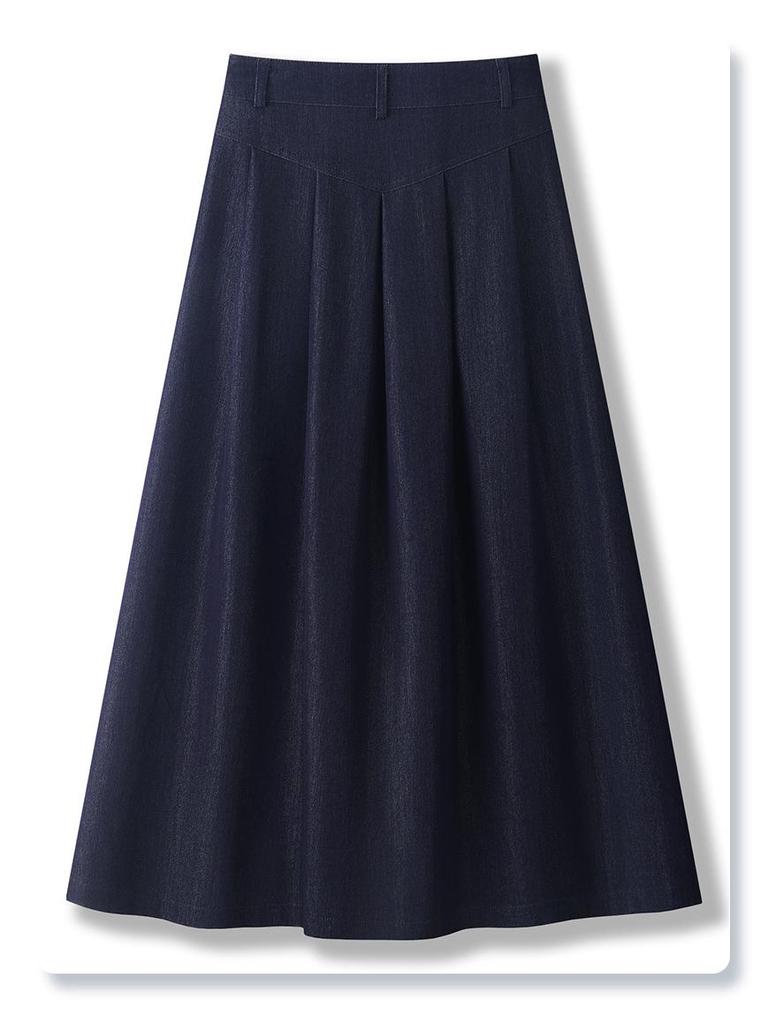 Women's High-Waist Dark Blue Denim Pleated Midi Skirt, 2025 New A-Line Slimming Design
