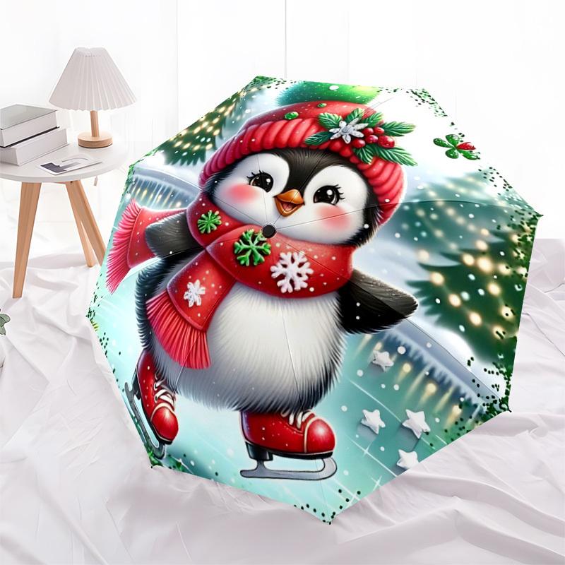 1pc Penguin Ice Skating Christmas Automatic Folding Umbrella,Lightweight Retractable Compact Travel Umbrella,8-Rib Sturdy Frame, Fine Outdoor Umbrella