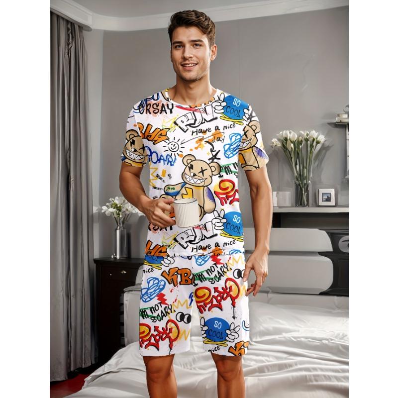 

Men s summer casual loungewear set with bear and lettering print, short sleeves and shorts 8XL