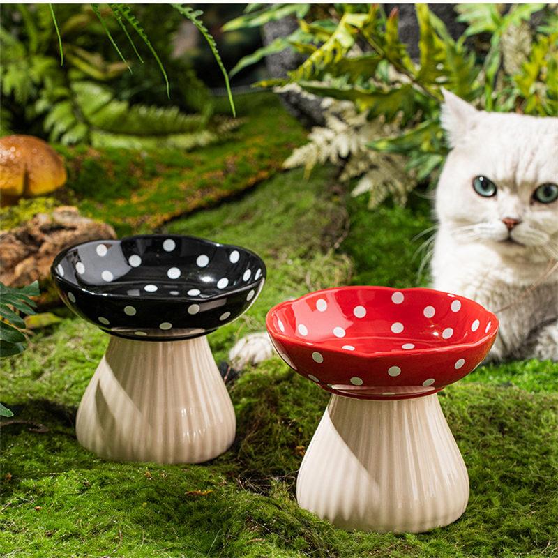 Cute Cartoon Mushroom Ceramic Pet Bowl High Foot Protection for Cervical Spine Feeder  for Puppy Dog Small Cat Pet Accessories
