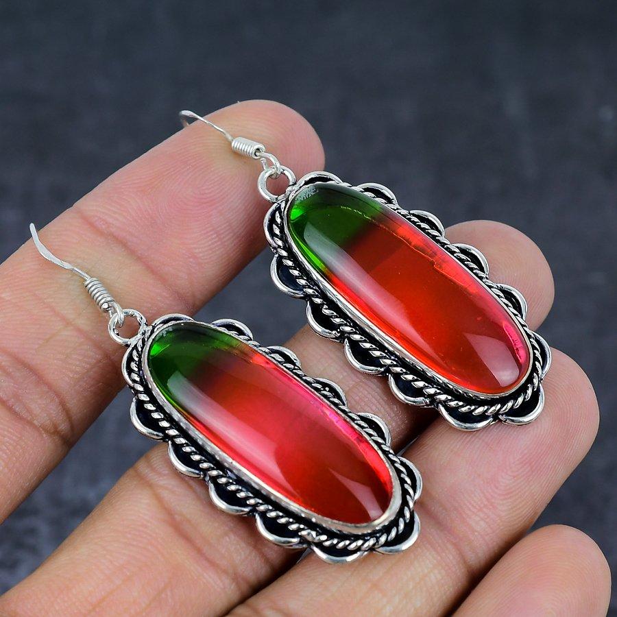 Bi-Color Tourmaline Gemstone 925 Sterling Silver Jewelry Earring 2.44"