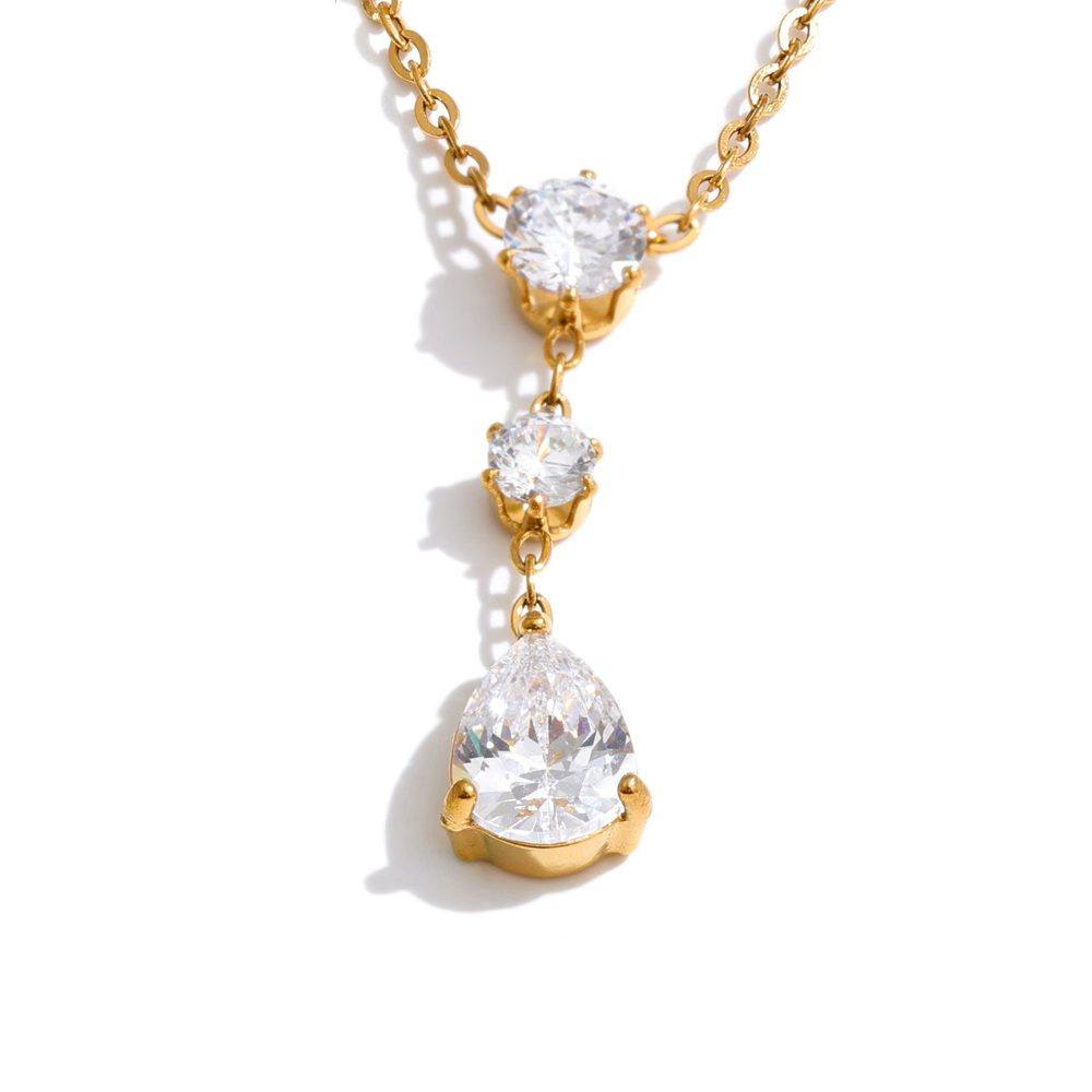 Yhpup 2 Style Stainless Steel Cubic Zirconia Water Drop Pendant Necklace Delicate Daily Shiny Premium Collar Jewelry Accessories