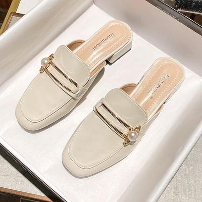 Japanese Slippers Female New Baotou Sandals and Slippers Female Pearl Lazy Flat Single Shoes Outerwear Thick Heel Half Slippers