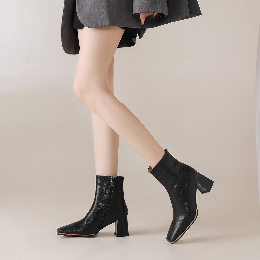 Krazing Pot Sheepskin Autumn Winter Shoes Thick High Heels Big Size 43 Modern Boots Square Toe Keep Warm Zip Pleated Design Ankle Boots