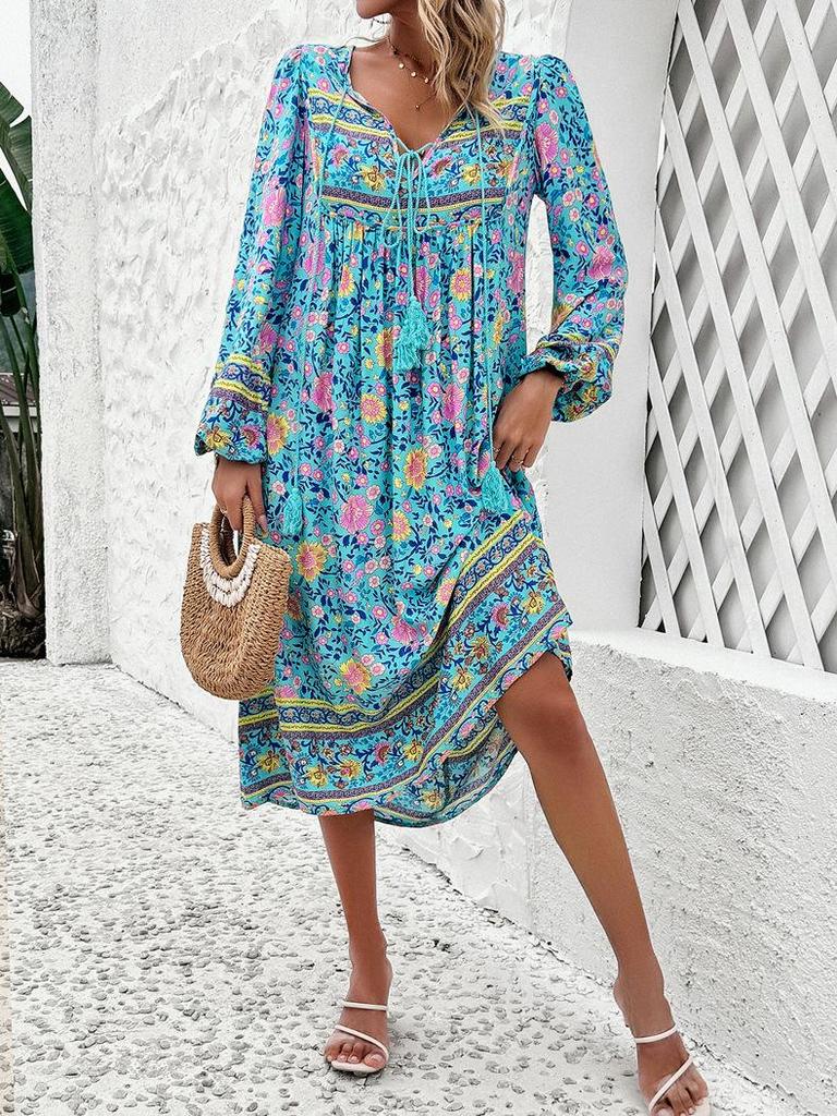 Diyun Damen 2024 Frühling/Sommer Lässiges Urlaubs-Langarmkleid mit Print