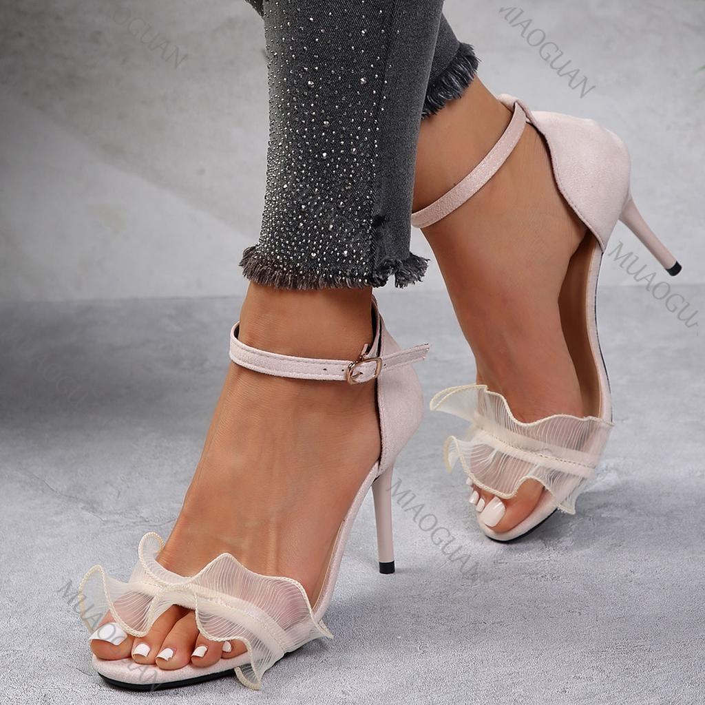 Fashion Summer New Lace High Heels Sandals for Women Sexy Open Toe Suede Temperament Pumps Ladies Shoes Solid Color Thin Heeled Sandales