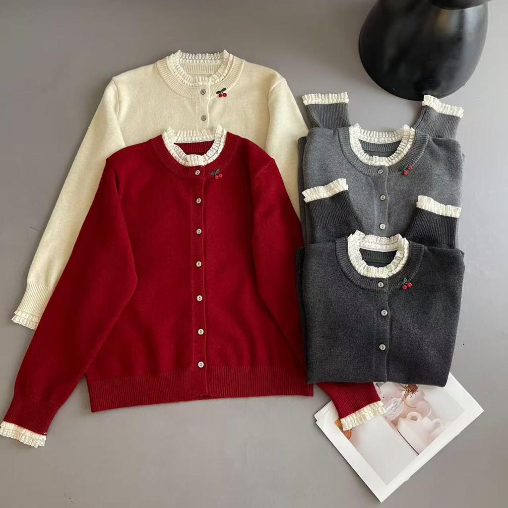 Winter Forest Style Lace Trim Knit Cardigan with 3D Flowers for Women