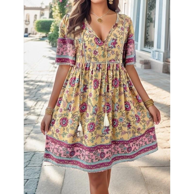 Damen Blumendruck Boho Strand Minikleid Sommer V-Ausschnitt Kurzarm Schnürung Lässige Lose Urlaubskleider Robe Weiblich