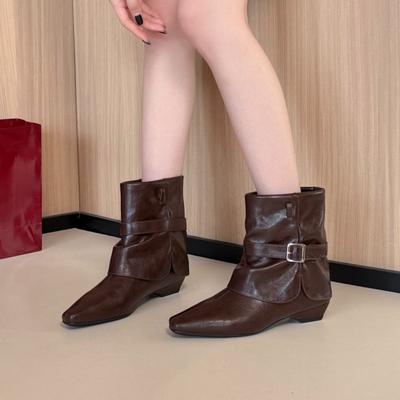Female Low Heel Footwear Modern Ladies Ankle Boots Shoes Buckle Fashion Pointed Toe Women Short Western Boots Slip On Shoes