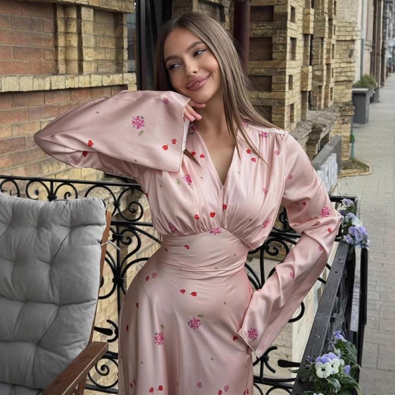 Elegant V-Neck Satin Print A-Line Maxi Dress With Flared Sleeve Slim Fit Office Evening