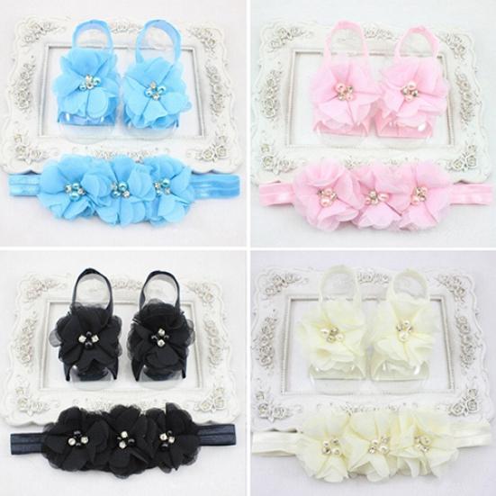 Cute Newborn Baby Infant Girl Rose Flower Headband + Barefoot Ring Sandals Shoes