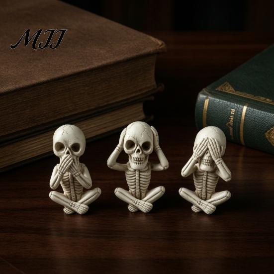 Desktop Gothic Decor 3 Pcs Halloween Skeleton Statue, Hear No See Speak Collectibles for Home Evil Figurines, Craft Ornament Party Funny Figurines