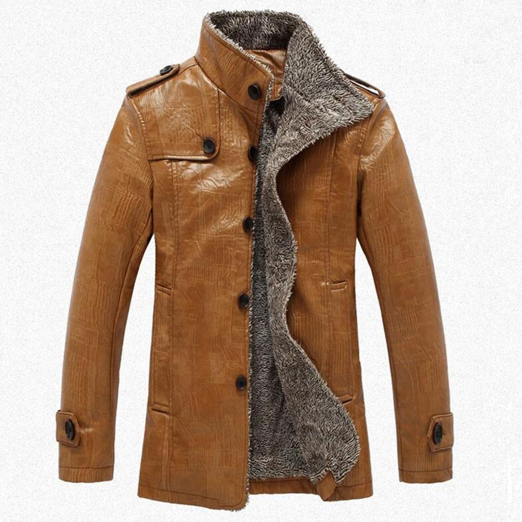Men's Fashionable Shearling-Lined Fleece-Lined Thickened Leather Jacket Large Size Casual Cool Biker- Outerwear