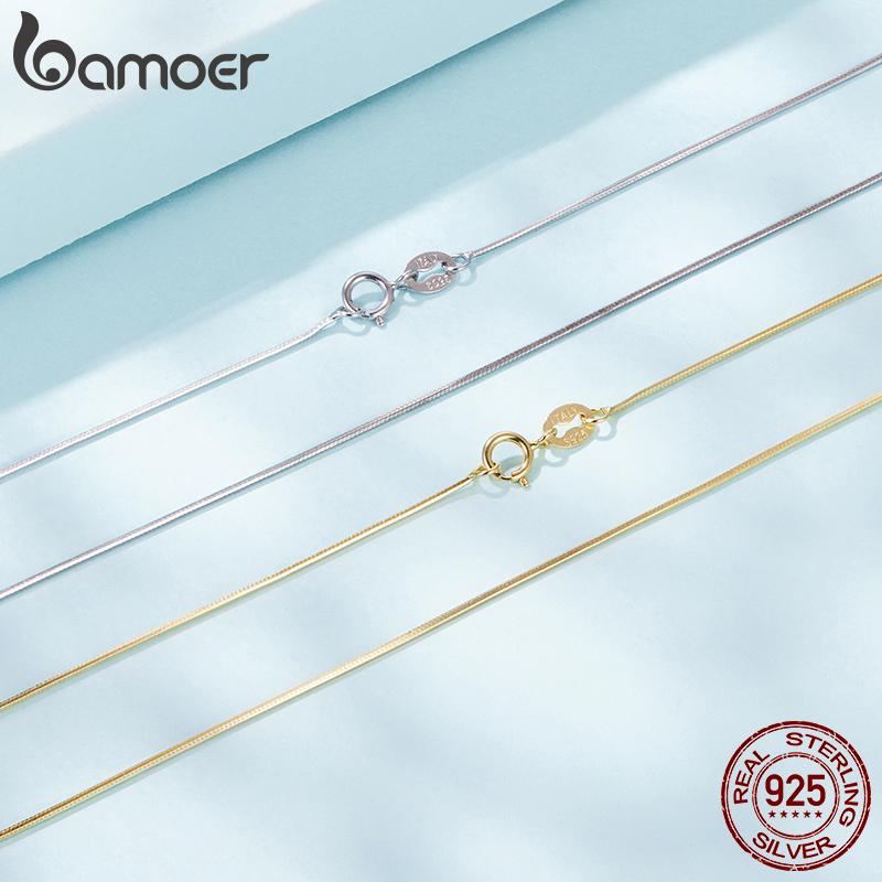 BAMOER Solid Gold Over 925 Silver Chain Necklace for Women Girls, Stackable Round Snake Chain For Daily DIY Pairing