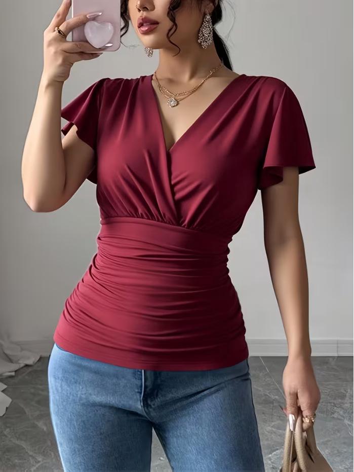 Frühling/Sommer 2025 Damen Einfarbiges V-Ausschnitt Kurzarm-T-Shirt - Modisches & Elegantes Oberteil