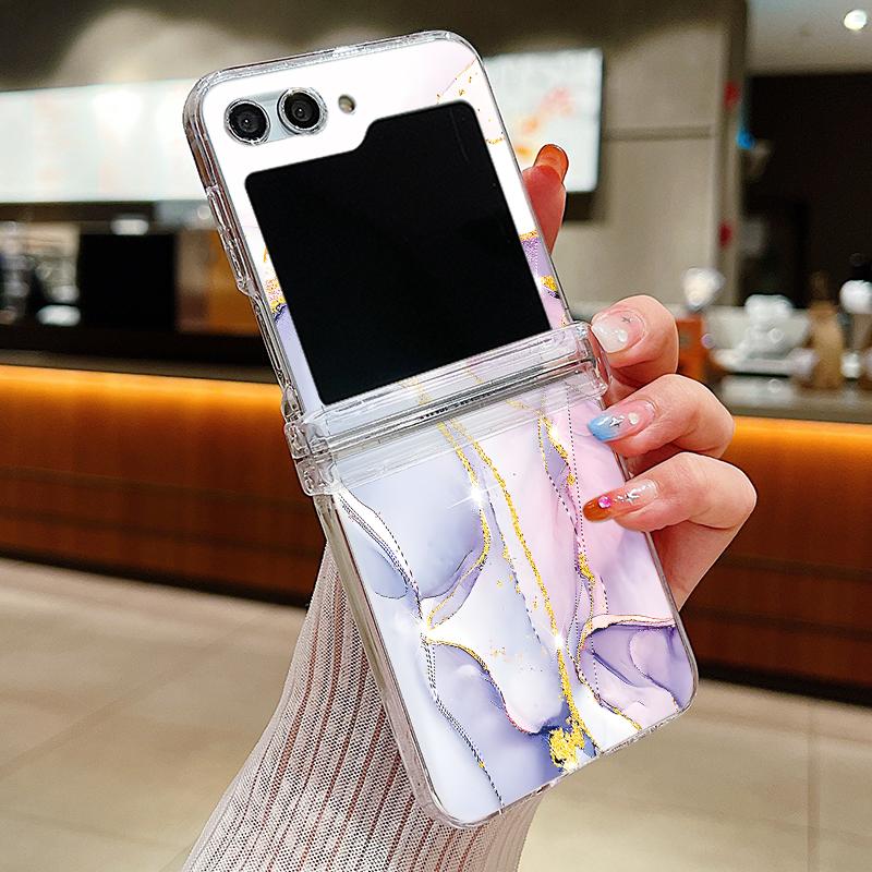 Ink Marble Pattern Clear Phone Case For Samsung Galaxy Z Flip5 Flip7 Flip6 Folding Hard Cover For Samsung Z Flip 7 6 5 4 3 5G