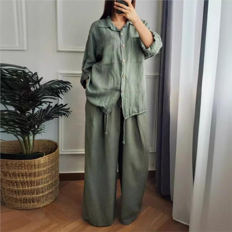 Women's Spring Casual Loose Cotton Linen Solid Shirt Wide Leg Pants 2-piece Set White Button Top Trousers Two Pieces Suits Women