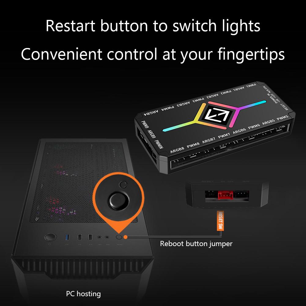1 To 9 3 in 1 5V 3 Pin ARGB Controller Cooling Fan Hub with Remote PWM ARGB Fan Hub for 5V Addressable ARGB Computer PC Case Fan
