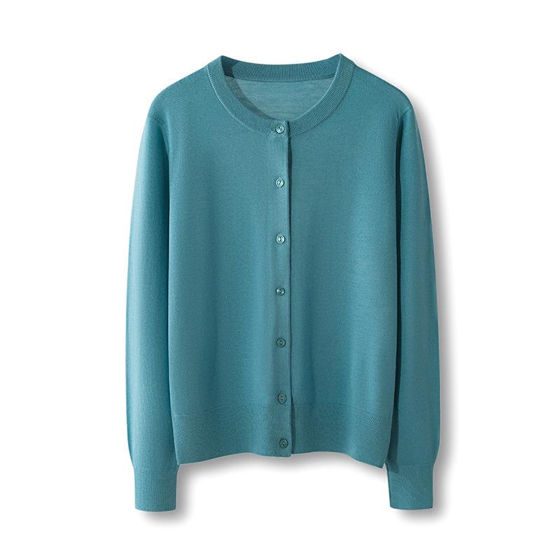 2026 Women's Elegant Fine Wool Cardigan - Loose, Slimming, Round Neck, Solid Color, Single-Breasted Outerwear