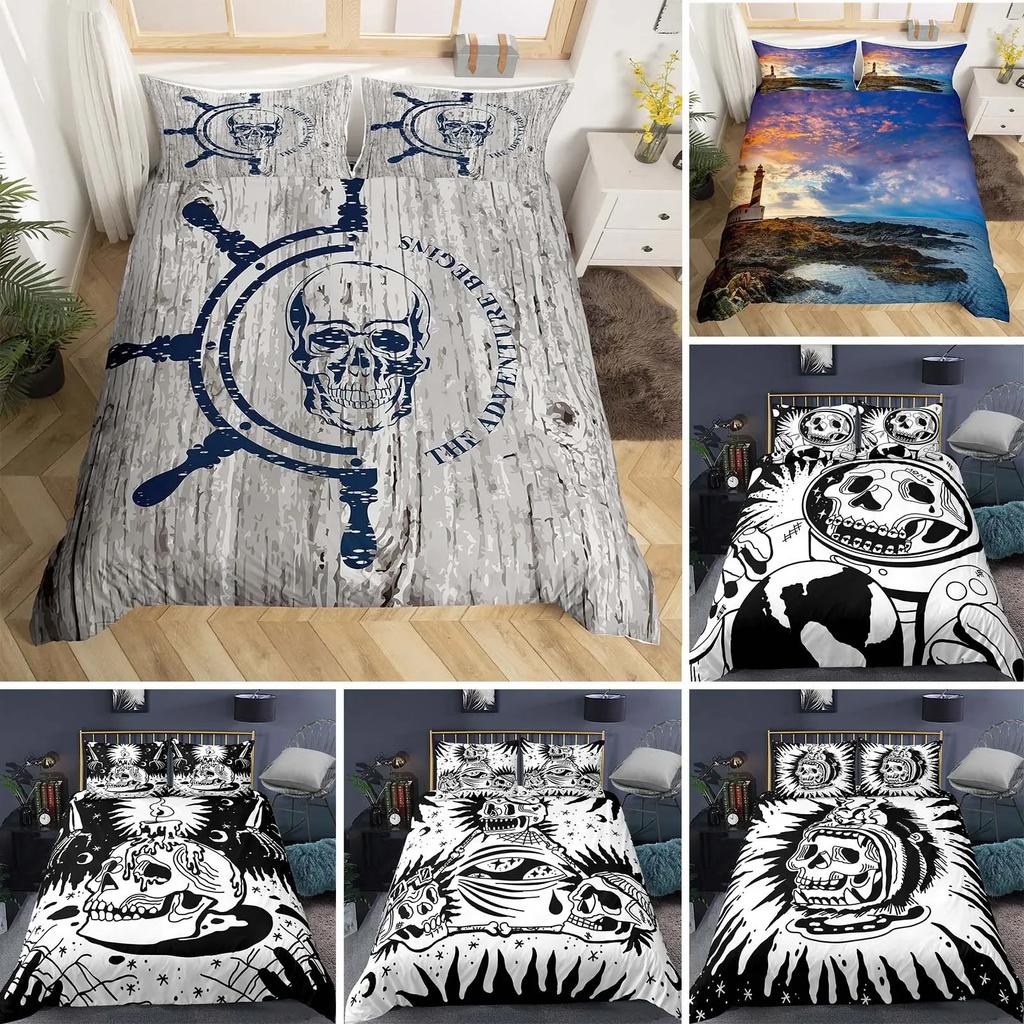 Skull Bedding Set Boho Gothic Skull Skeleton Bones Duvet Cover Bedroom Single Twin King Size Quilt Cover Home Textile 23Pcs