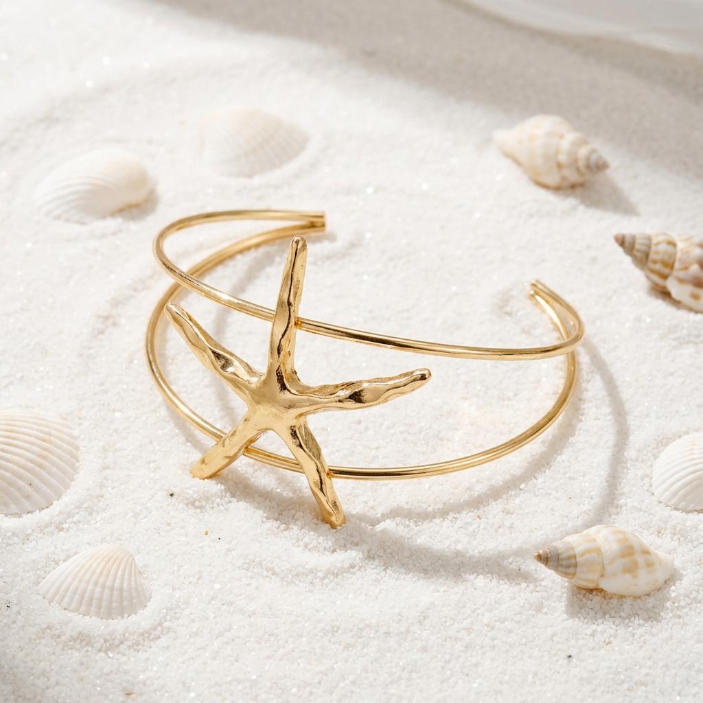 Trendy Gold Color Starfish Shell Arm Cuff Bangle for Women Adjustable Open Upper Arm Bracelet for Summer Beach Vacation Jewelry