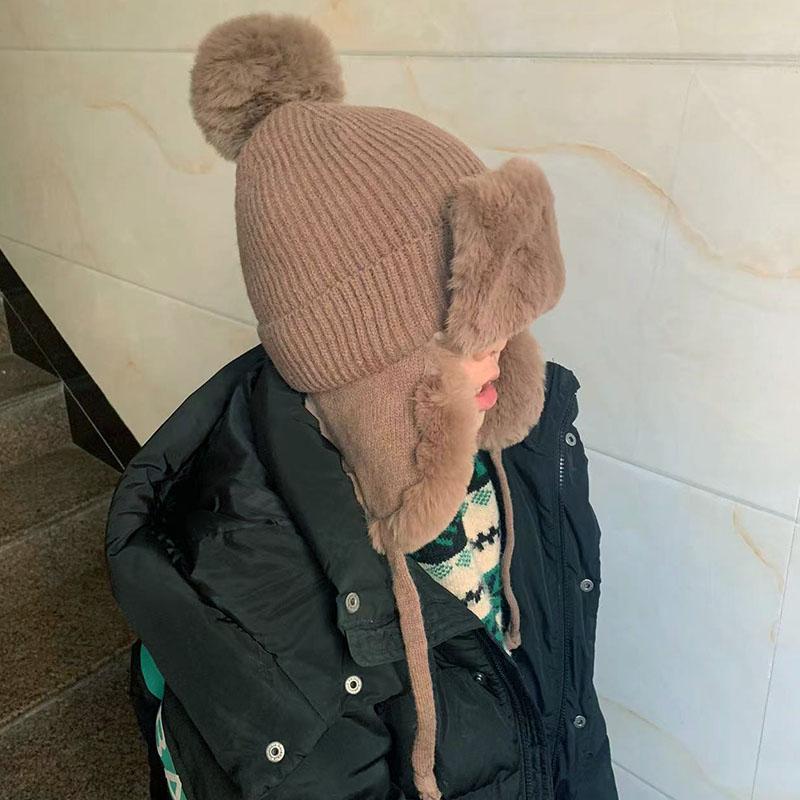 Hat Soft Winter Thick Outdoor Earflap Warm Hat Wool Knitted Snow Ski Cap Fleece Bomber Trapper Hat Women Ushanka Faux Fox Fur Pompom