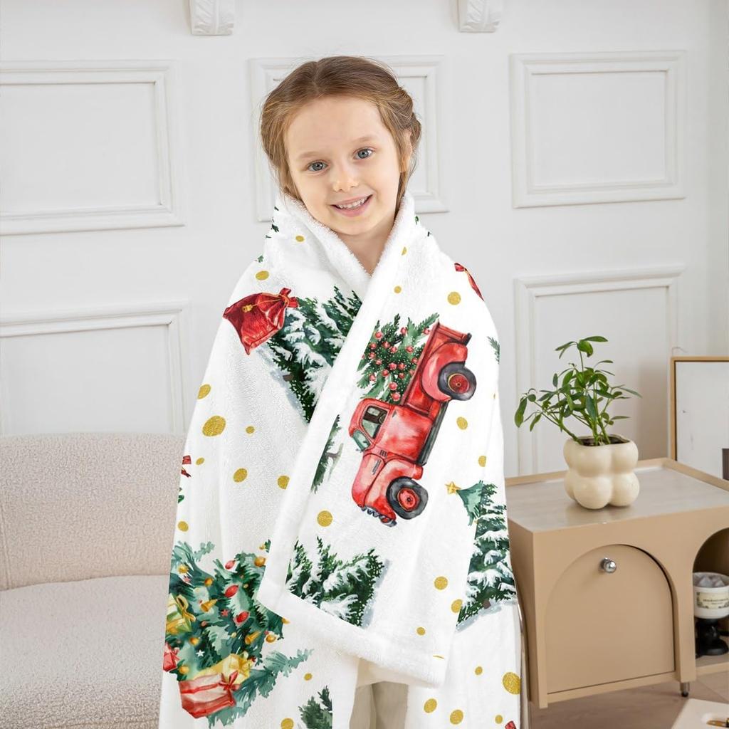 Christmas Throw Blanket Watercolor Red Truck Decor Fleece Blanket for Kids Teens Adults Green Xmas Trees Yellow Polka Dots Fuzzy