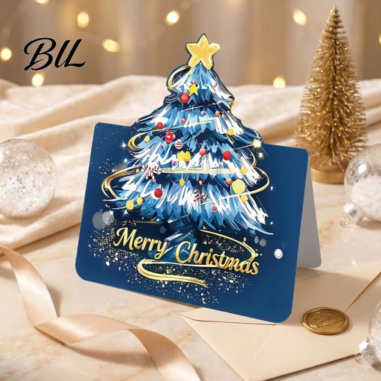 Decorative Christmas Tree Greeting Cards 10 Pcs 3D Cards, Holiday Postcards Festive Gift for Relatives Friends Bulk New Year, Winter Xmas Party