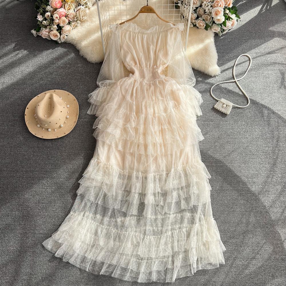 High Street Cake Mesh Party Dress Women Off the Shoulder Tierred Elastic Sundress Polka Dot Lace Maxi Dress