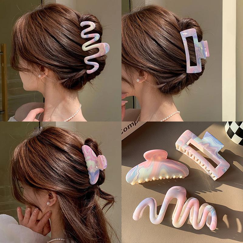 Rainbow Color Large Coiled Hair Claw Shark Clip Strong Hold Hair Clamp Niche Hair Grab Sweet Trendy Women's Hair Accessories