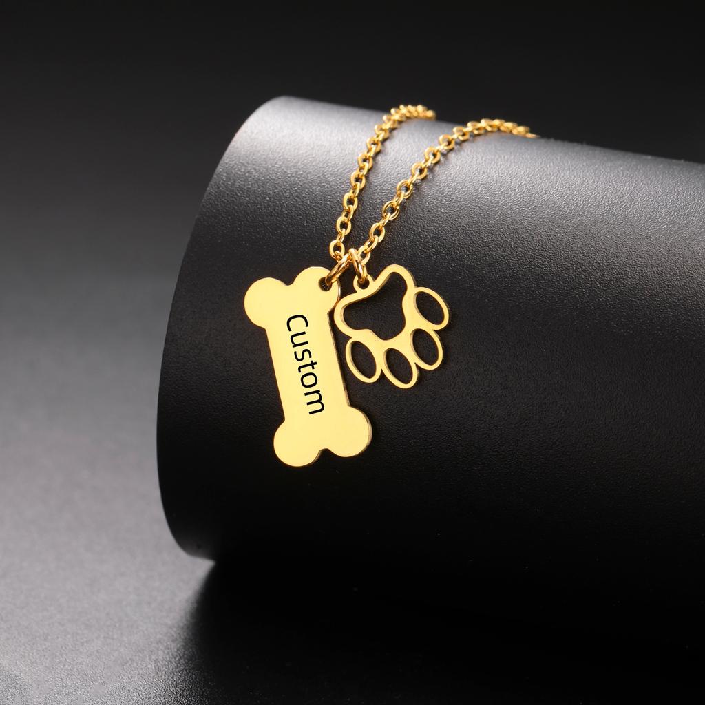 Customized Pet Name Text Hollow Claw Print Bone Pendant Necklace Made of Stainless Steel, Personalized Gift for Pet Lovers