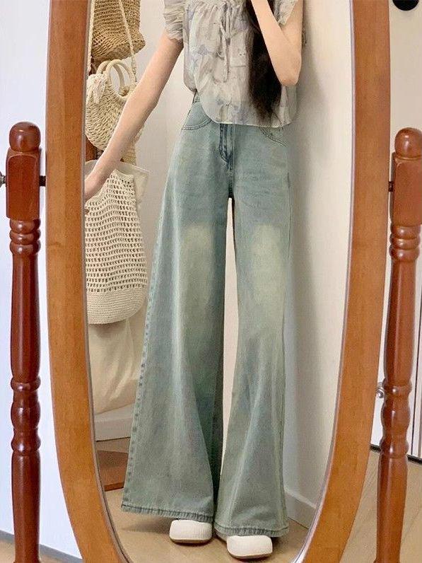 

Женские ретро джинсы с высокой талией и широкими штанинами - Весенне-осенние свободные брюки для миниатюрных, стройнящие XL