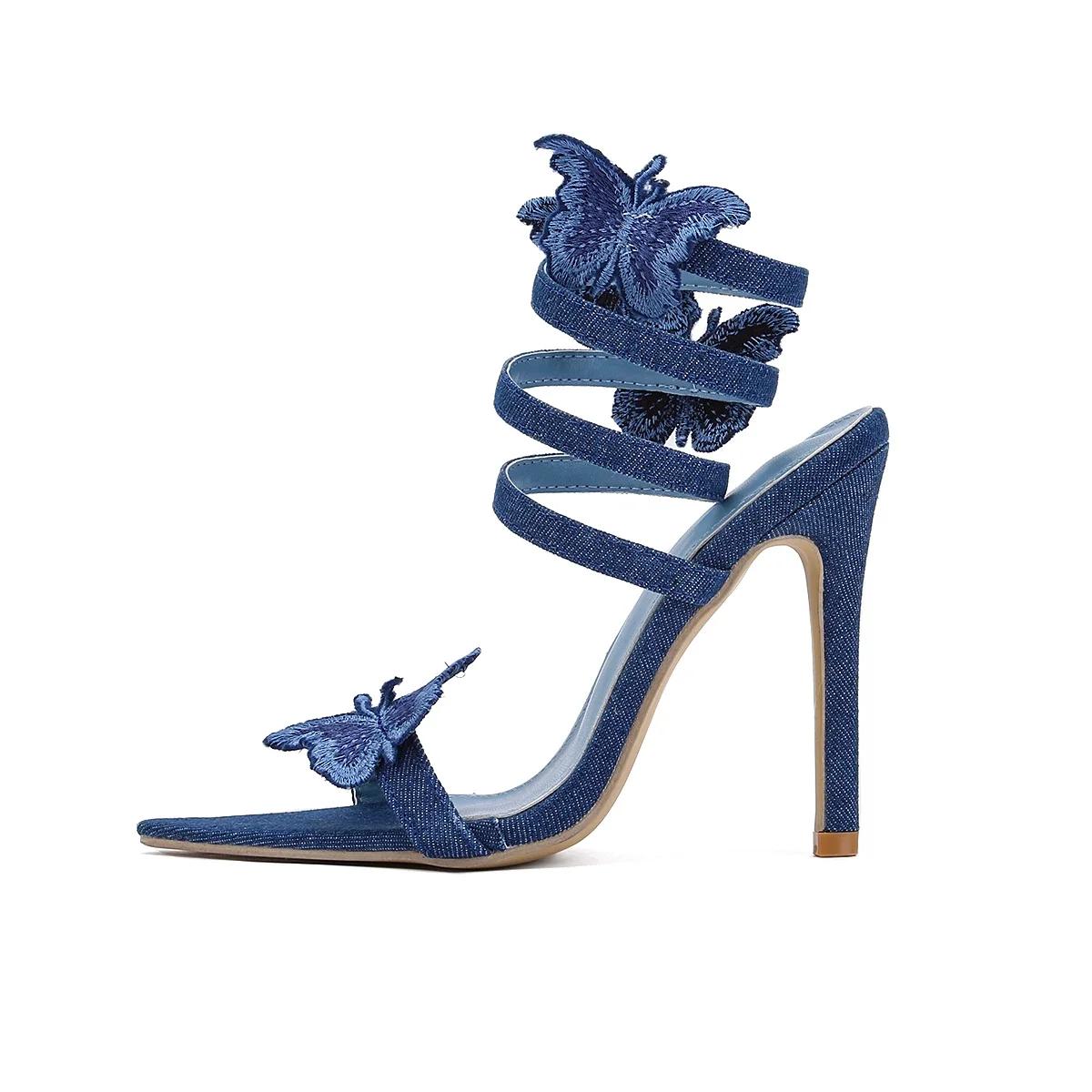 

Летние сексуальные босоножки с острым носком из денима и бантом на высоком каблуке для женщин с ремешком на щиколотке в форме змеи, синие туфли на высоком каблуке для вечеринки 35