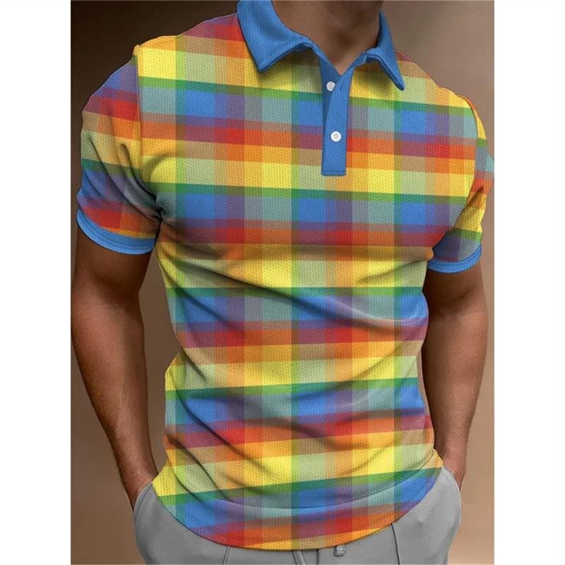 Full Print Fashion Polo Shirt For Men Summer Short Sleeve Button Collar Colorful Stripe Pattern Shirt New In Men's Tennis Tshirt