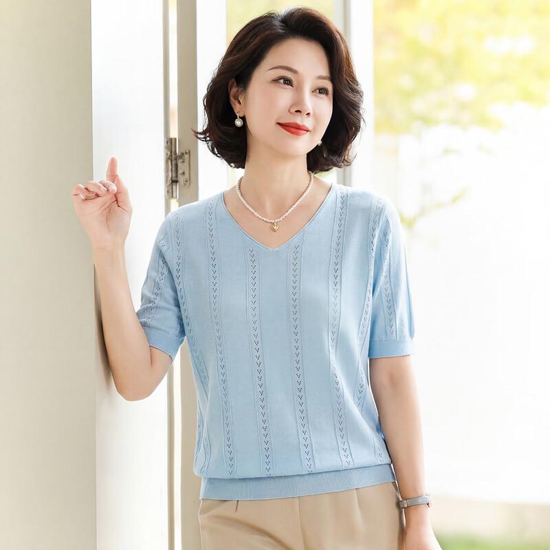

Haoyi Women s Silk Blend Hollow-Out Short Sleeve Knit Top M