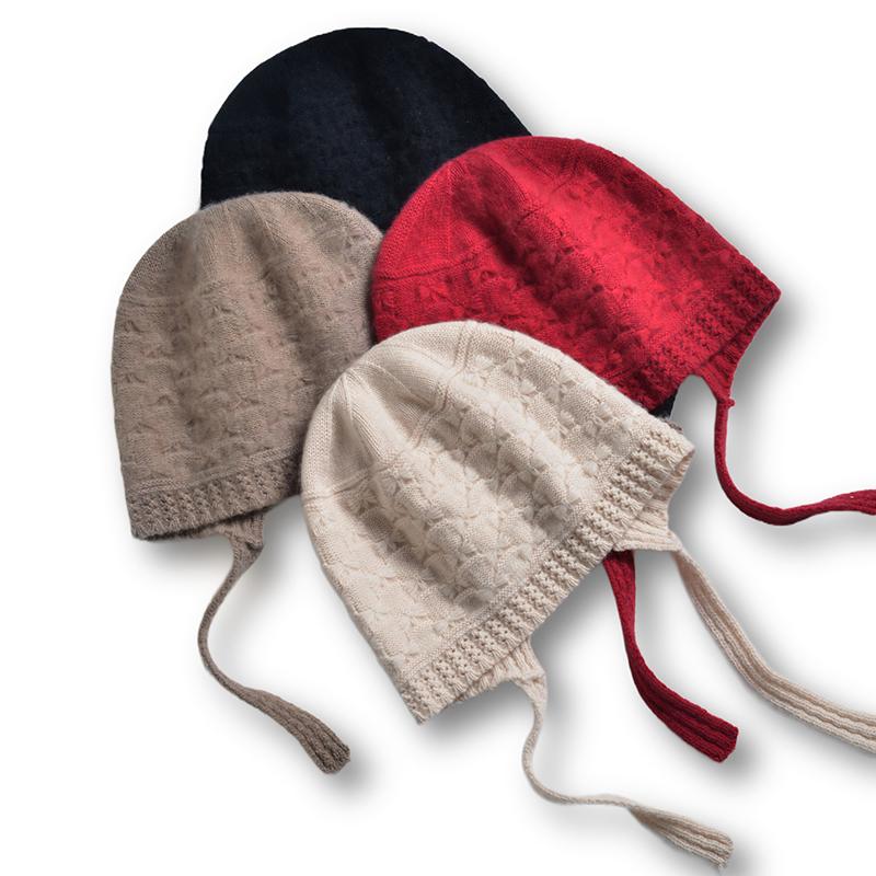 Ladies' 100%Cashmere Butterfly Braid Knitted Hat For Autumn And Winter Fashion Windproof And Leisure Baotou Ear Protection Hat