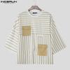 INCERUN Men Casual 3/4 Sleeve Round Neck Splits Striped Print Oversized T-Shirts Tops