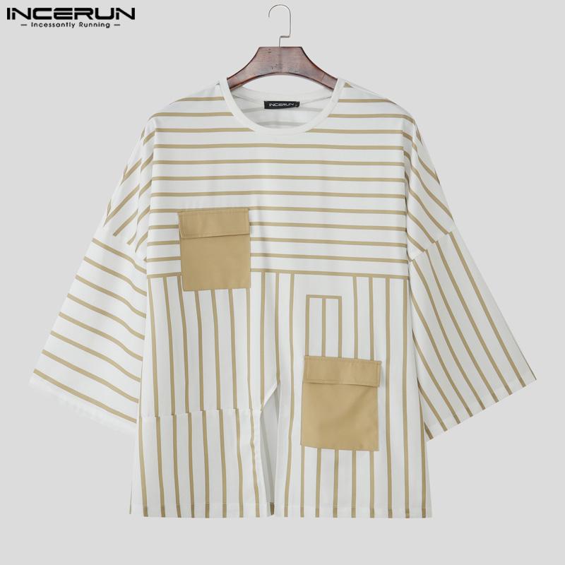INCERUN Men Casual 3/4 Sleeve Round Neck Splits Striped Print Oversized T-Shirts Tops