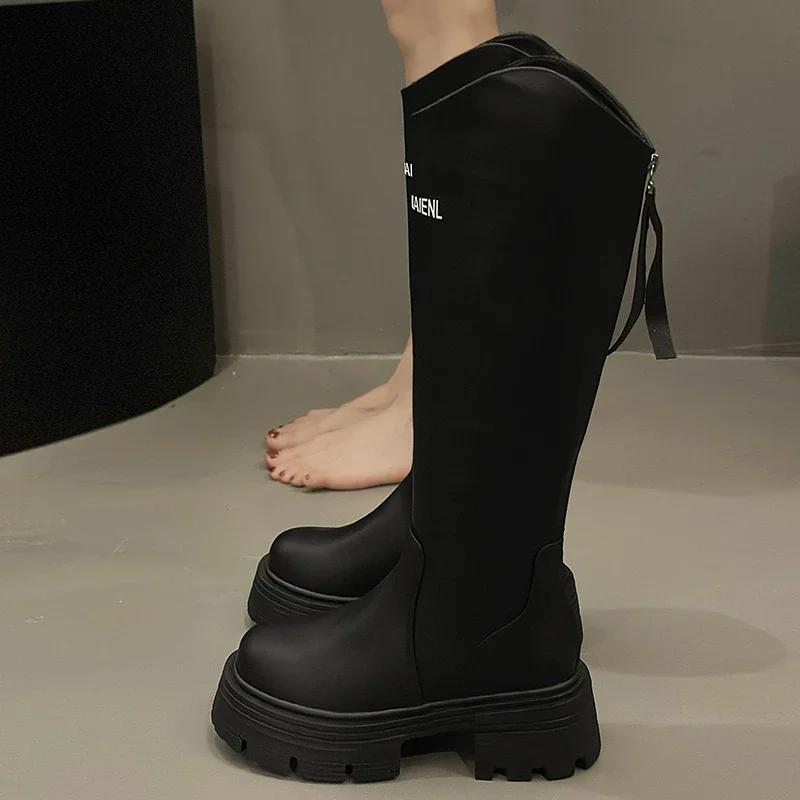 Damen Kniehohe Stiefel Neue Herbst-Winter-Schuhe Frau Lange Stiefel Slip-On Lässig Klobiger Absatz Plateau-Stiefel